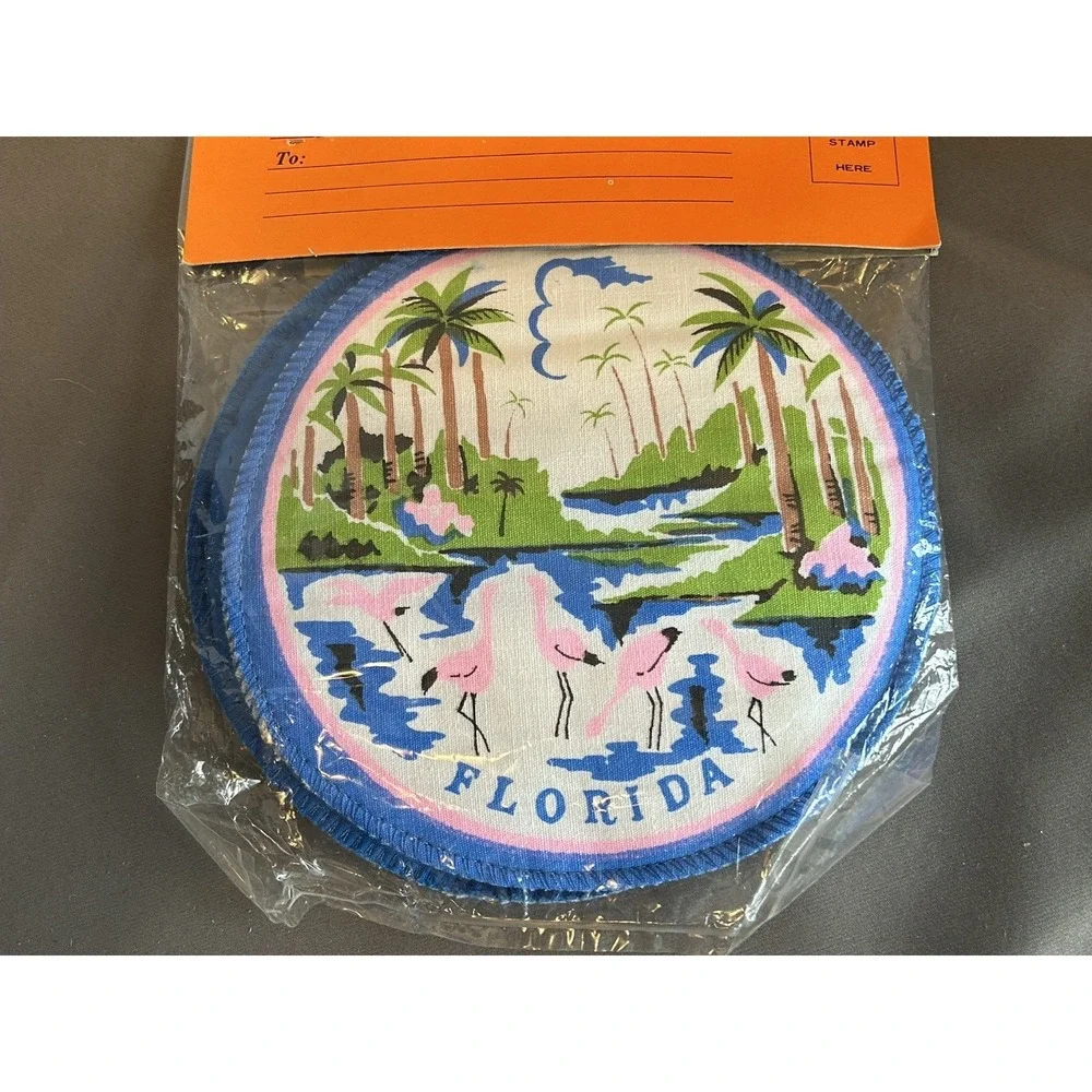 Vintage Hand Screen Printed Set of 2 FLORIDA Cotton Pot Holders ‎ Flamingo Palms